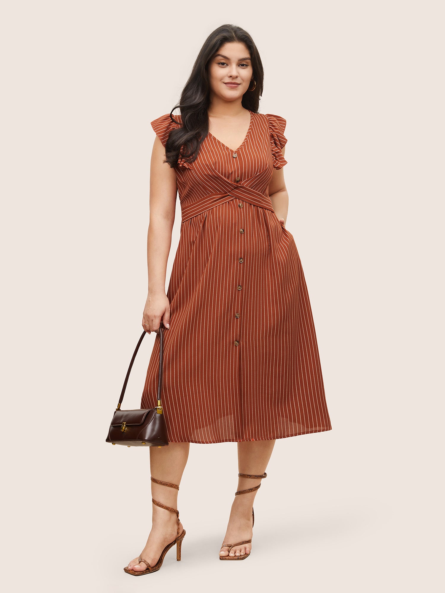 Image of Striped Ruffle Cap Sleeve Button Detail Dress