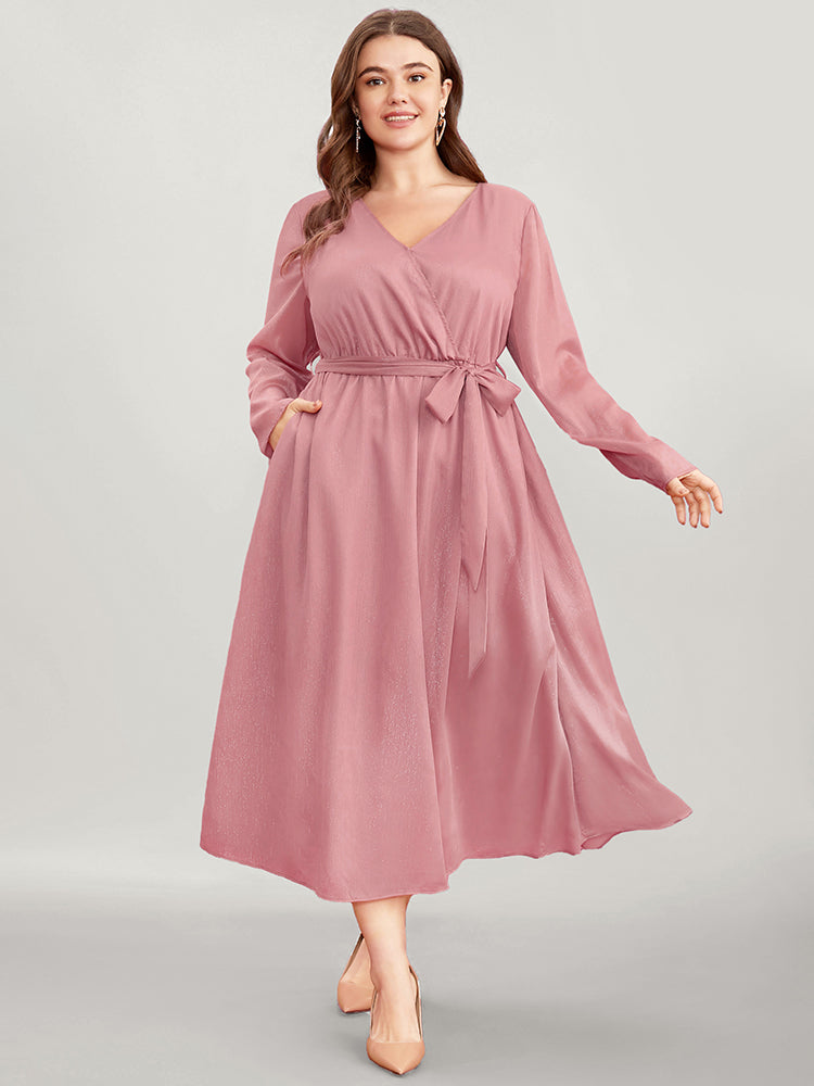 

Plus Size Women Dailywear Plain Belted Regular Sleeve Long Sleeve V-neck Pocket Belt Elegant Dresses BloomChic, Dusty pink