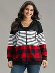 Plaid Striped Patchwork Hooded Drawstring Sweatshirt