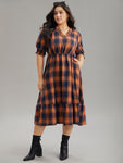 Plaid Print Pocketed Shirred Dress With Ruffles