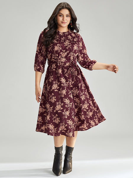 Collared Floral Print Pleated Belted Dress