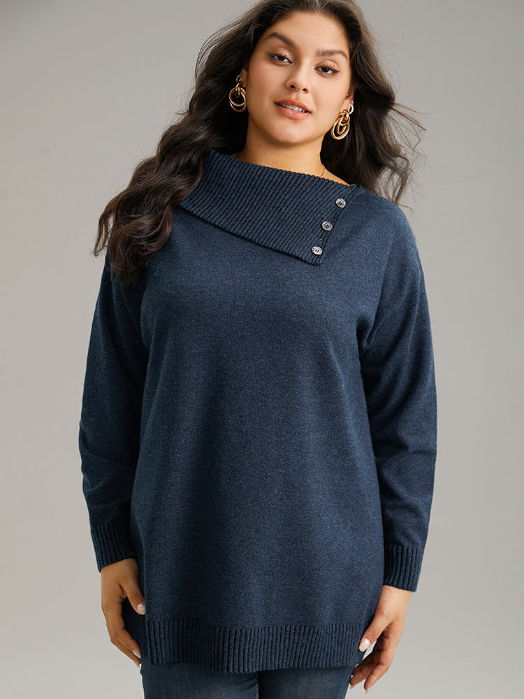 

Plus Size Pullovers | Supersoft Essentials Asymmetrical Neck Button Detail Pullover | BloomChic, Midnight