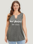 Letter Print Button Notched Tank Top