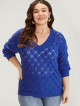 Plain Geometric Eyelet Elastic Cuffs Moderately Stretchy Pullover