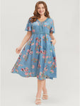 Floral Print Pocketed Dress With Ruffles