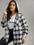 Plaid Patchwork Hooded Drawstring Button Through Jacket