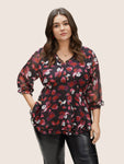 Floral Mesh Patchwork Ruffle Trim Blouse