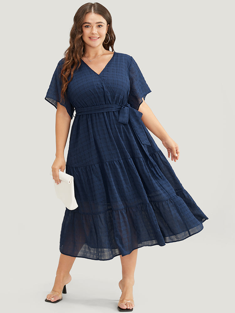 

Plus Size Women Dailywear Plain Lined Ruffle Sleeve Short Sleeve V Neck Pocket Belt Elegance Dresses BloomChic, Indigo