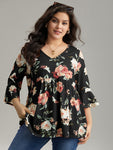 Floral Print Gathered Flutter Sleeve T shirt