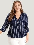 Striped Notched Three Quater Length Sleeve Blouse