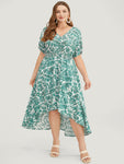 High-Low-Hem General Print Ruched Pocketed Shirred Dress