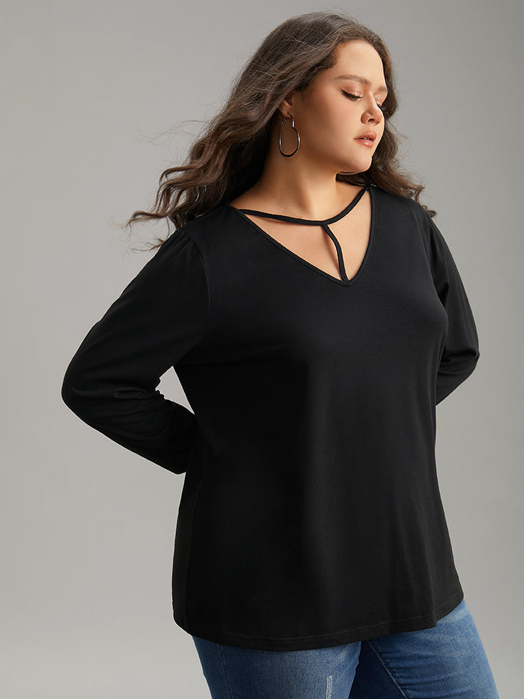

Plus Size Women Dailywear Plain Plain Regular Sleeve Long Sleeve Keyhole Cut-Out Casual T-shirts BloomChic, Black