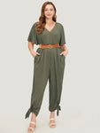 Plain Pocket Wrap Cut Out Knotted Hem Jumpsuit