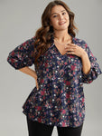 Ditsy Floral Tie Neck Elastic Cuffs Blouse