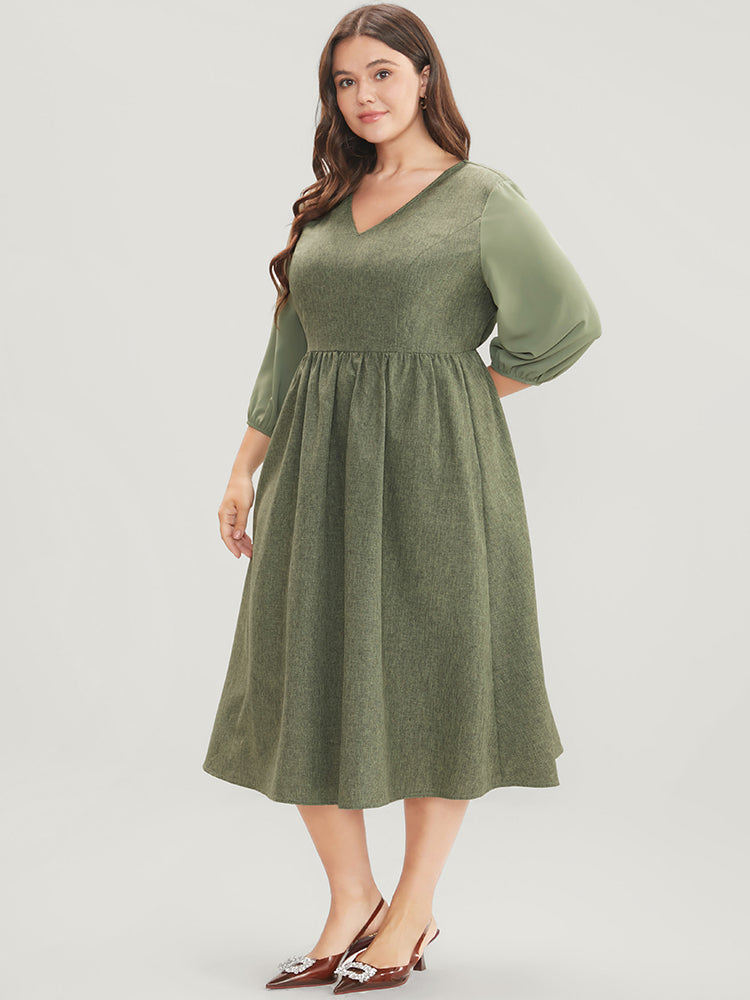 

Plus Size Women Workwear Plain Patchwork Lantern Sleeve Three Quater Length Sleeve V Neck Pocket Workleisure Dresses BloomChic, Army green