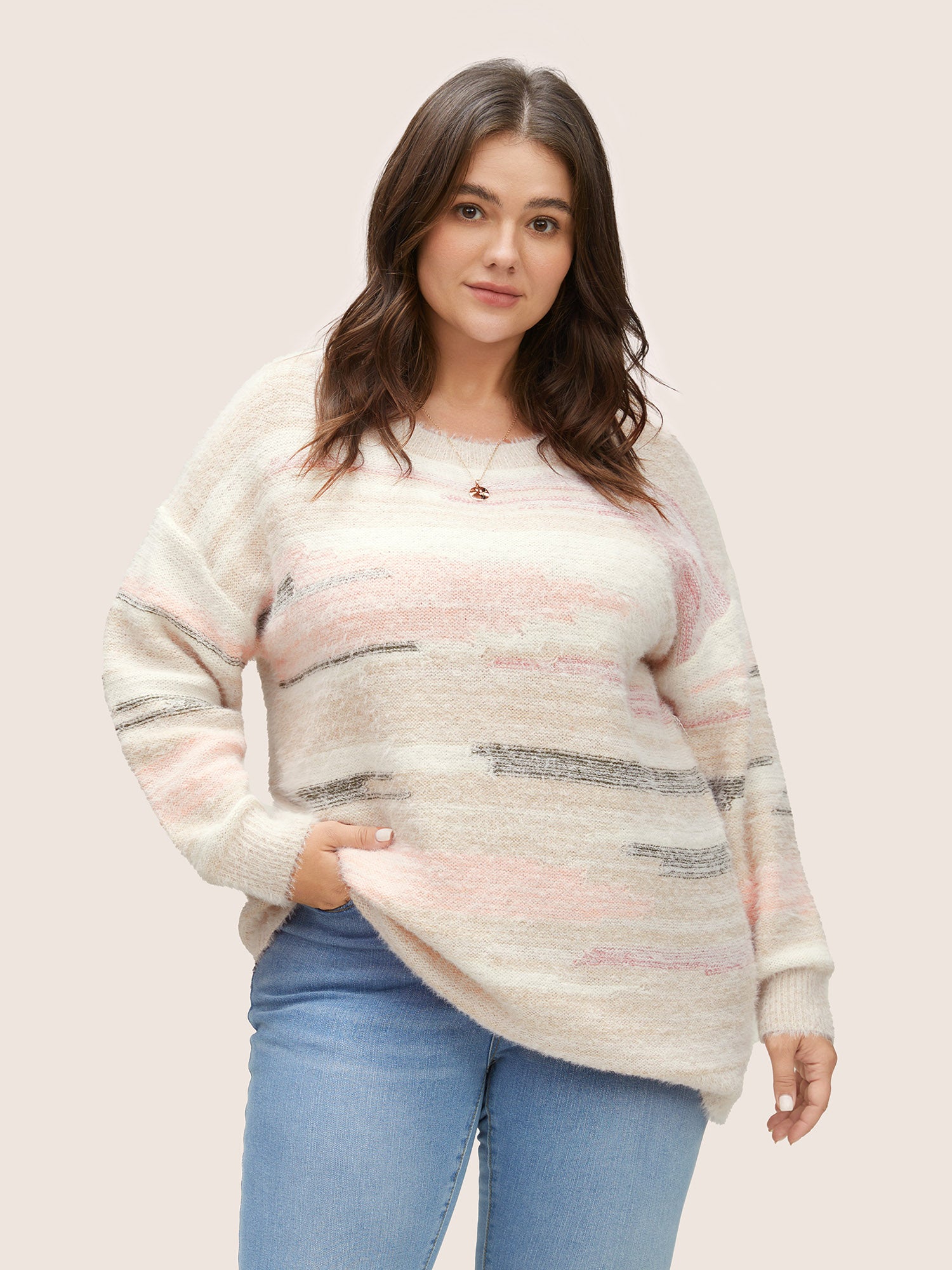 

Plus Size Pullovers | Asymmetrical Colorblock Crew Neck Fluffy Pullover | BloomChic, Apricot