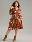 Floral Belted Notched Lantern Sleeve Ruffles Dress