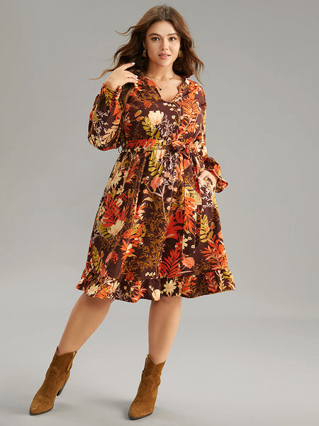 Belted Notched Collar Floral Print Dress With Ruffles