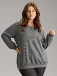 Plisse Solid Elastic Hem Crew Neck Sweatshirt