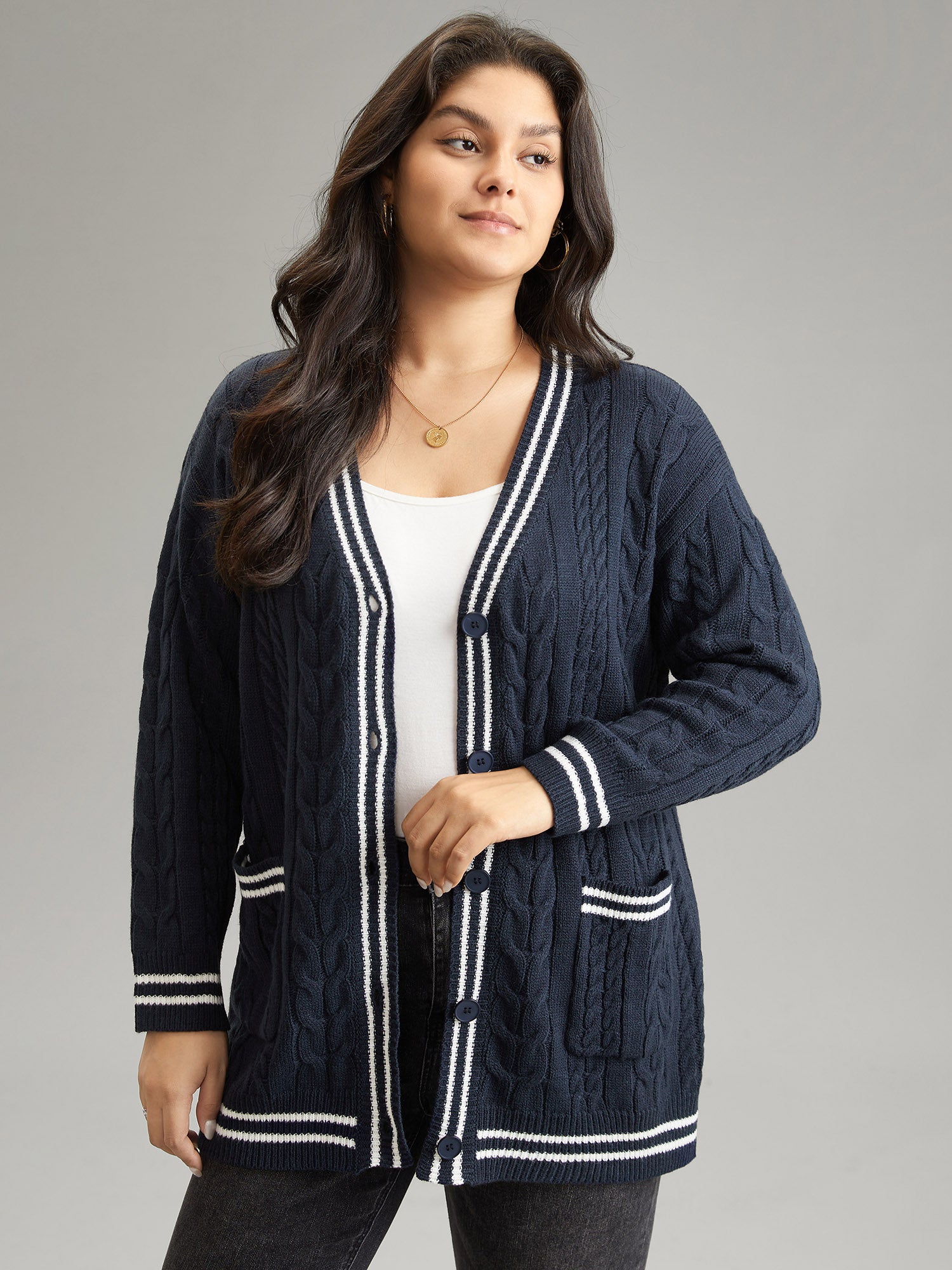 

Plus Size Cardigans | Cable Knit Contrast Striped Button Through Cardigan | BloomChic, Midnight