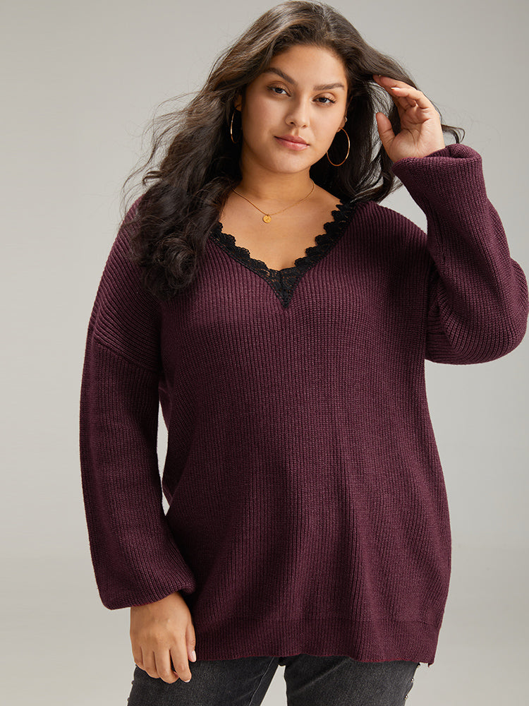 

Plus Size Pullovers | Supersoft Essentials Lace Insert Drop Shoulder Pullover | BloomChic, Burgundy