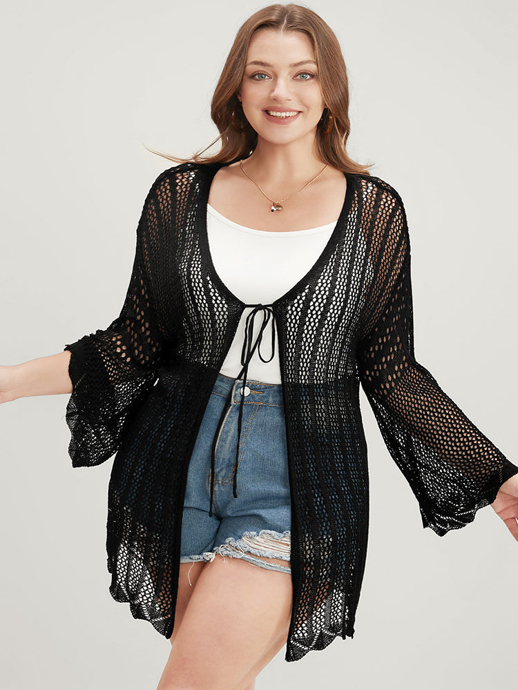 

Solid Asymmetrical Hem Cut Out Scalloped Trim Open Front Cardigan BloomChic, Black