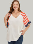 Star & Striped Print Raglan Sleeve Ruffle Trim Blouse