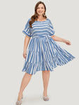 Striped Geo Pocket Belt Pocket Layered Hem Dress