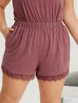 Solid Lace Panel Elastic Waist Sleep Shorts