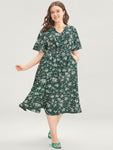 Raglan Sleeves Pocketed Drawstring Floral Print Dress With Ruffles by Bloomchic Limited