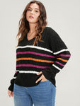 Striped Contrast Pointelle Knit Geometric Jacquard Knit Top