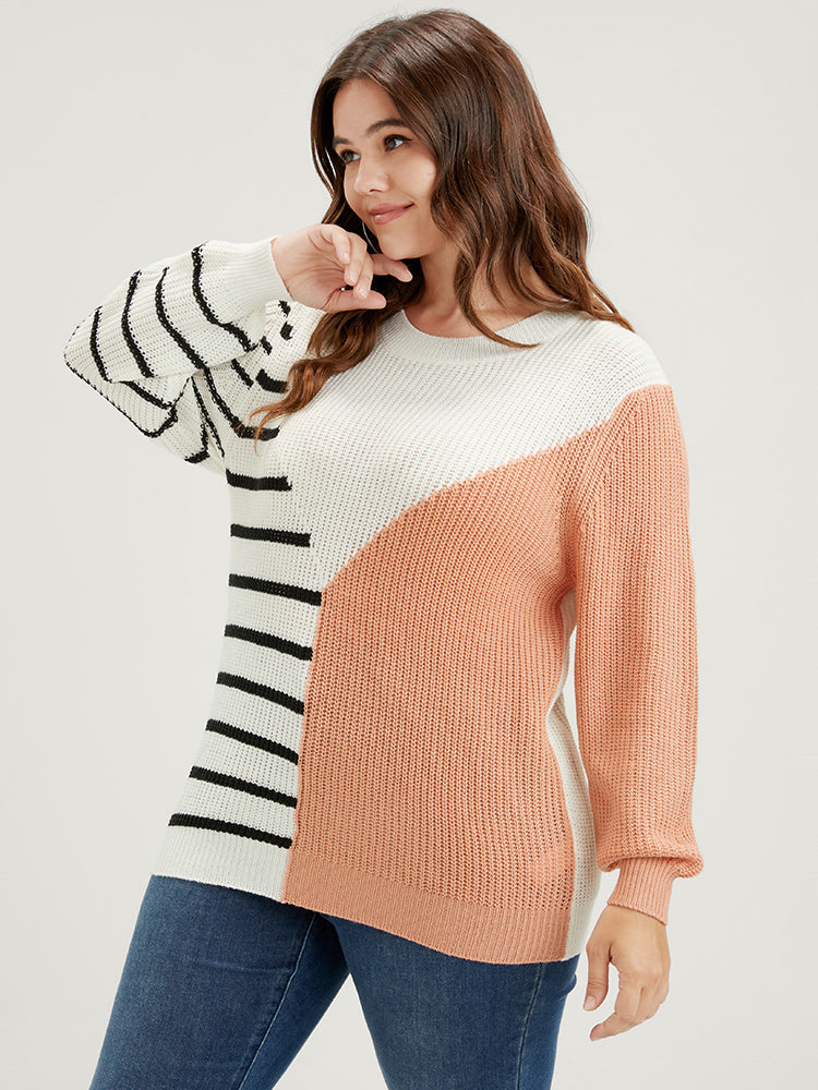 

Women Casual Colorblock Contrast Striped Pointelle Knit Round Neck Knit Top BloomChic, White