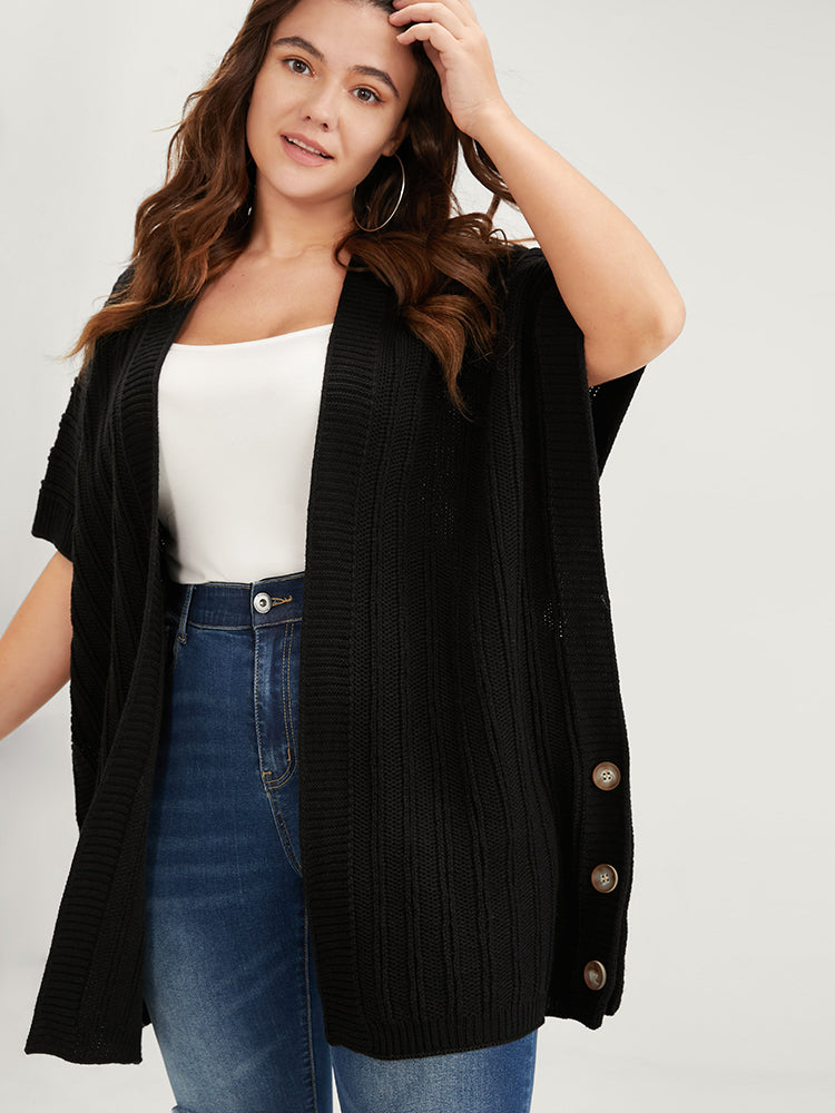 

Solid Pointelle Knit Button Hem Dolman Sleeve Open Front Cardigan BloomChic, Black