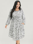 Leopard Print Lantern Sleeve Pocket Belted Arc Hem Dress