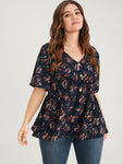 Floral Elastic Waist V Neck Button Ruffles Blouse