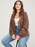 Contrast Trim Pointelle Knit Pocket Embroidered Button Front Cardigan