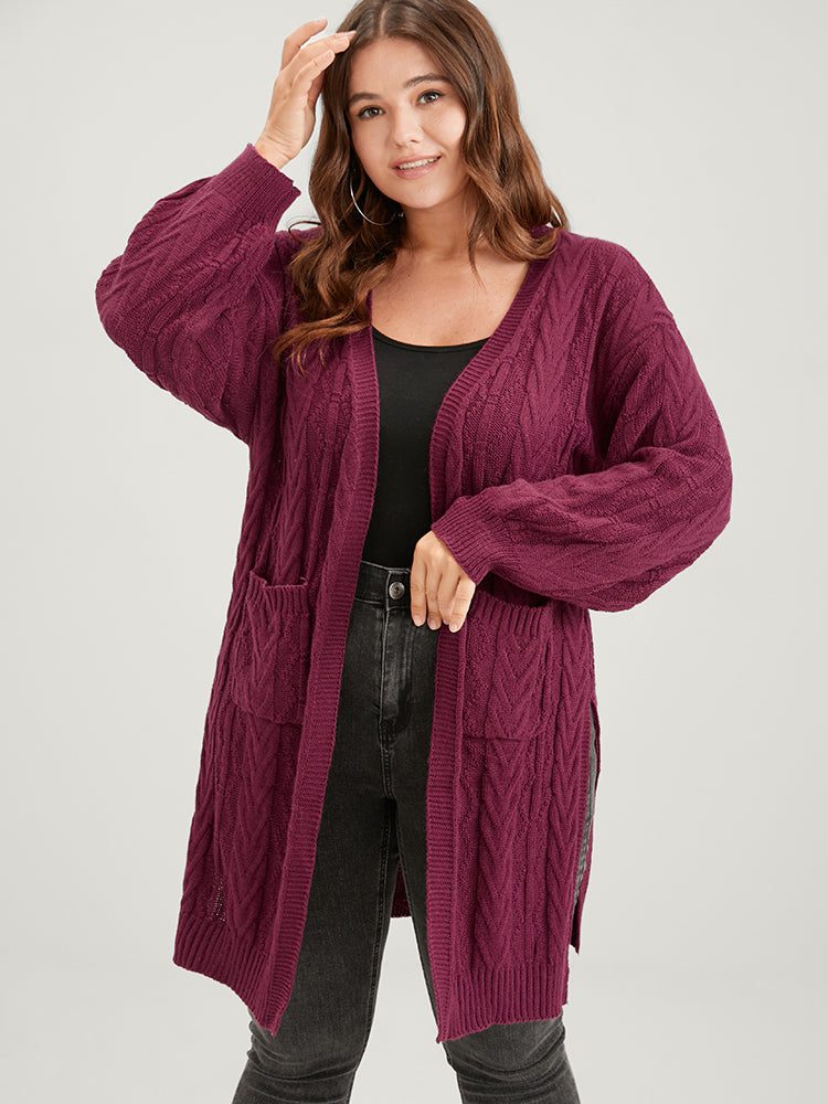 

Plain Pointelle Knit Pocket Lantern Sleeve Split Open Front Cardigan BloomChic, Burgundy