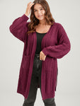 Plain Pointelle Knit Pocket Lantern Sleeve Split Open Front Cardigan