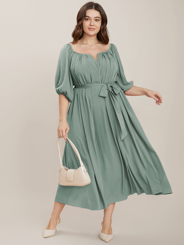 

Plus Size Women Dailywear Plain Ties Puff Sleeve Half Sleeve Notched Pocket Belt Elegance Dresses BloomChic, Mint