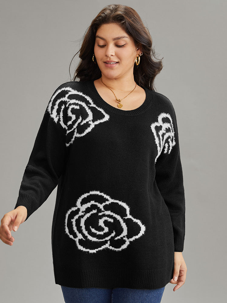 

Plus Size Pullovers | Floral Print Two Tone Drop Shoulder Pullover | BloomChic, Black