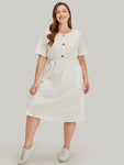 Solid Button Detail Pocket Broderie Anglaise Dress