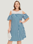 Striped Print Pocketed Keyhole Dress