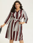 Striped Print Belted Pocketed Collared Dress