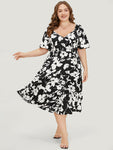 V-neck Floral Print Pocketed Shirred Dress With Ruffles