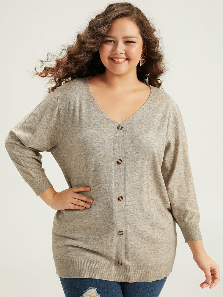 

Plus Size Cardigans | Supersoft Essentials Button Detail Solid V Neck Cardigan | BloomChic, Champagne