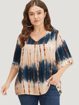 Tie Dye V Neck Flounce Sleeve Blouse