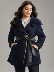 Solid Zipper Belted Pu Leather Knot Fuzzy Trim Coat