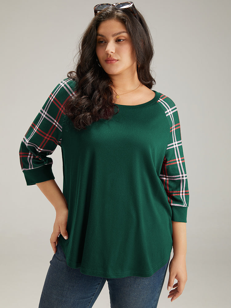 

Plus Size Women Dailywear Plaid Contrast Raglan Sleeve Three Quater Length Sleeve Round Neck Casual T-shirts BloomChic, Green