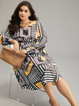 Geometric Print Notched Collar Elasticized Waistline Colorblocking Dress