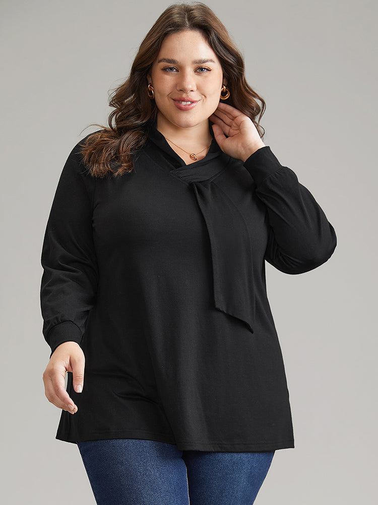 

Plus Size Women Dailywear Plain Plain Regular Sleeve Long Sleeve Asymmetrical Neck Elegant T-shirts BloomChic, Black